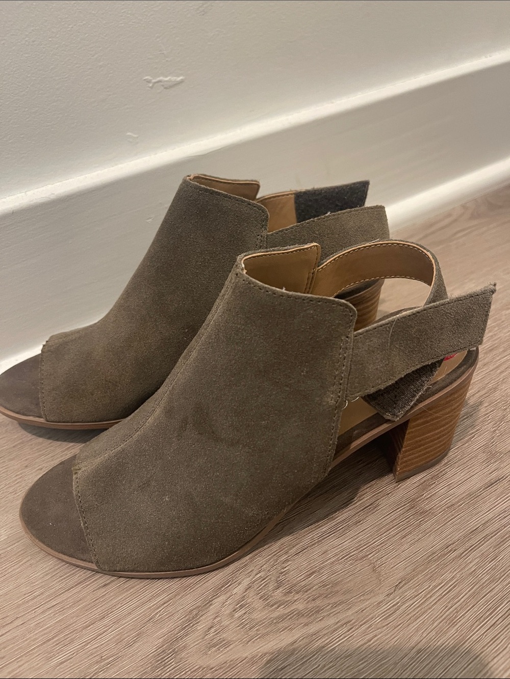 Franco Sarto Taupe Suede Open-Toe Slingback Block Heel